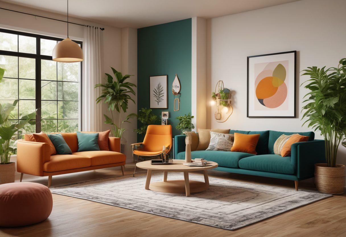 A cozy, modern living room with a diverse group of people sharing ideas over a digital design tablet, showcasing vibrant home design mockups on the screen. Include elements like plants, warm lighting, and design materials scattered around for creativity. Capture a sense of connection and collaboration in a homey environment. super-realistic. vibrant colors. warm atmosphere.