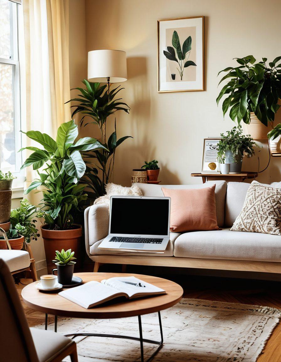 A cozy apartment interior showcasing a blending of modern and vintage design elements, with a well-decorated living space highlighted by plants and stylish furniture. A notebook and pen resting on a coffee table, symbolizing the blogging process, alongside a laptop open to a design blog. Warm lighting and an inviting atmosphere to inspire creativity and insight. vibrant colors. super-realistic. soft focus.