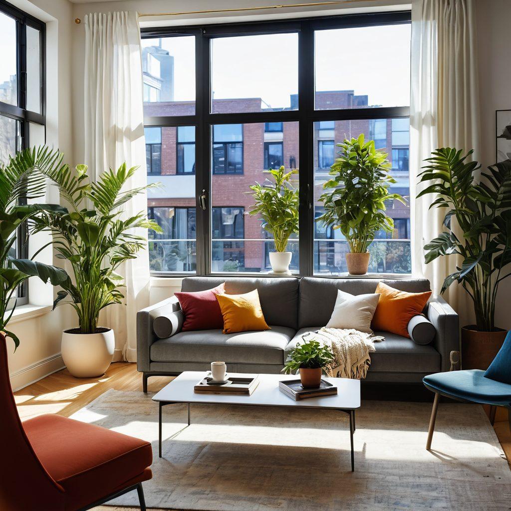 A stylishly designed apartment interior featuring a cozy living space with a modern sofa, vibrant plants, and unique decor items. Include a laptop on a chic coffee table open to a blog interface, capturing the essence of home design and creativity. Soft natural light streaming through large windows enhances the inviting atmosphere. super-realistic. vibrant colors. minimalistic design.
